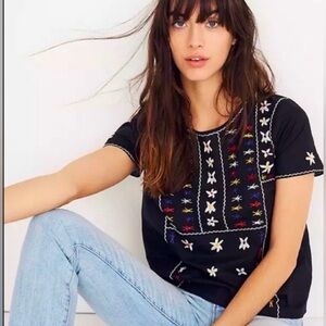 Madewell Embroidered Tie Back Cut Out Short Sleeve Top Black S